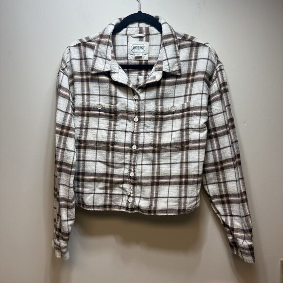 American Eagle Outfitters Tops - American Eagle Cropped Flannel Size L Brown Cream Plaid Grunge 90s Y2K Style